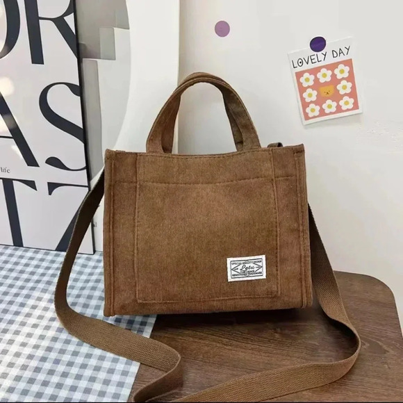Handbags - Corduroy crossbody tote bags. Brown handheld straps or cross body cuite bags .